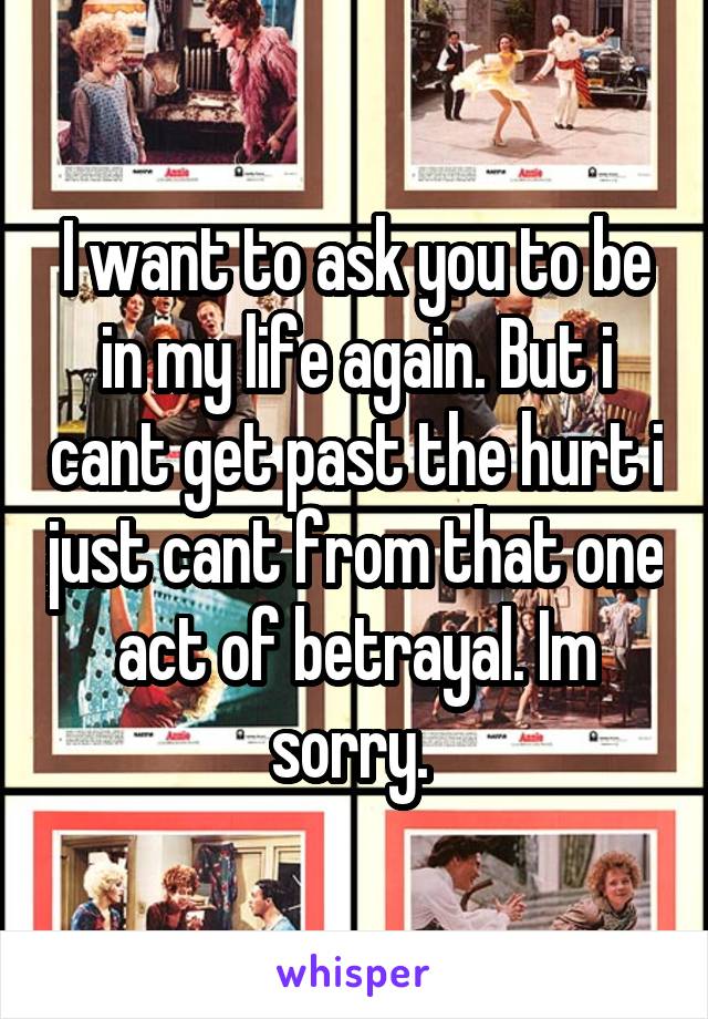 I want to ask you to be in my life again. But i cant get past the hurt i just cant from that one act of betrayal. Im sorry. 