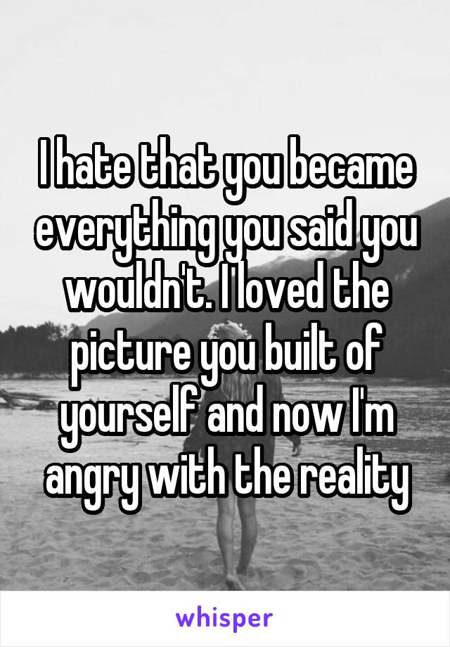 I hate that you became everything you said you wouldn't. I loved the picture you built of yourself and now I'm angry with the reality