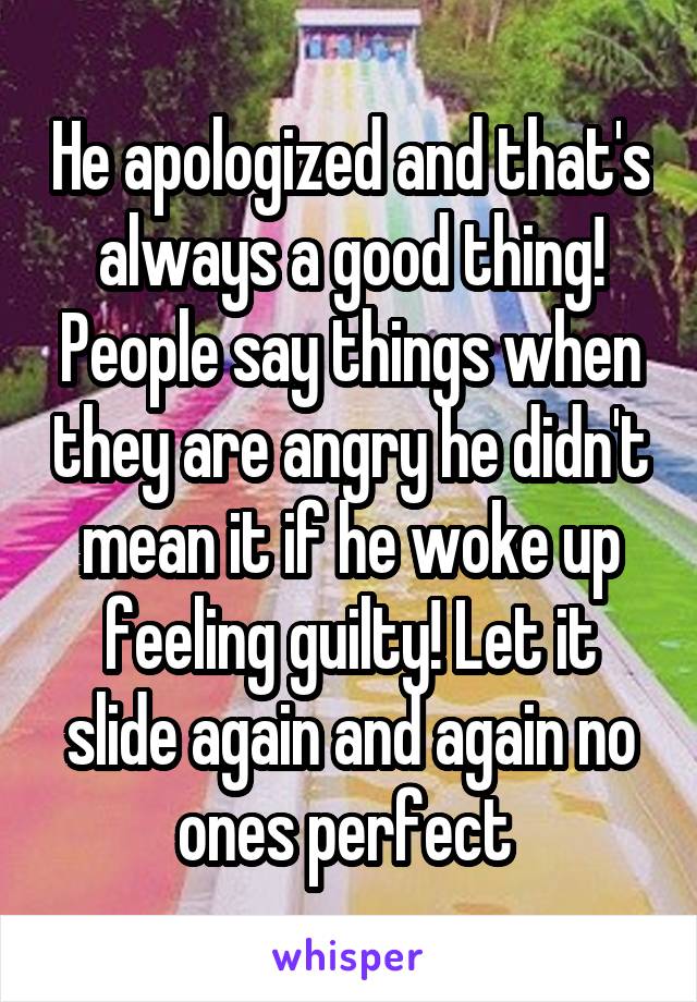 He apologized and that's always a good thing! People say things when they are angry he didn't mean it if he woke up feeling guilty! Let it slide again and again no ones perfect 