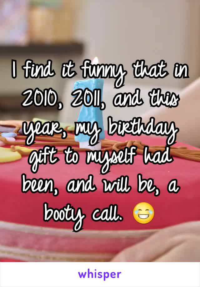 I find it funny that in 2010, 2011, and this year, my birthday gift to myself had been, and will be, a booty call. 😂