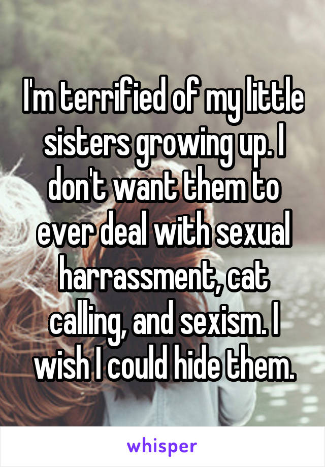 I'm terrified of my little sisters growing up. I don't want them to ever deal with sexual harrassment, cat calling, and sexism. I wish I could hide them.