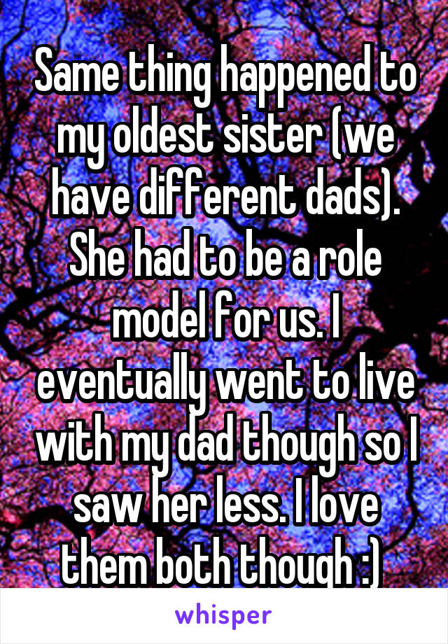 Same thing happened to my oldest sister (we have different dads). She had to be a role model for us. I eventually went to live with my dad though so I saw her less. I love them both though :) 