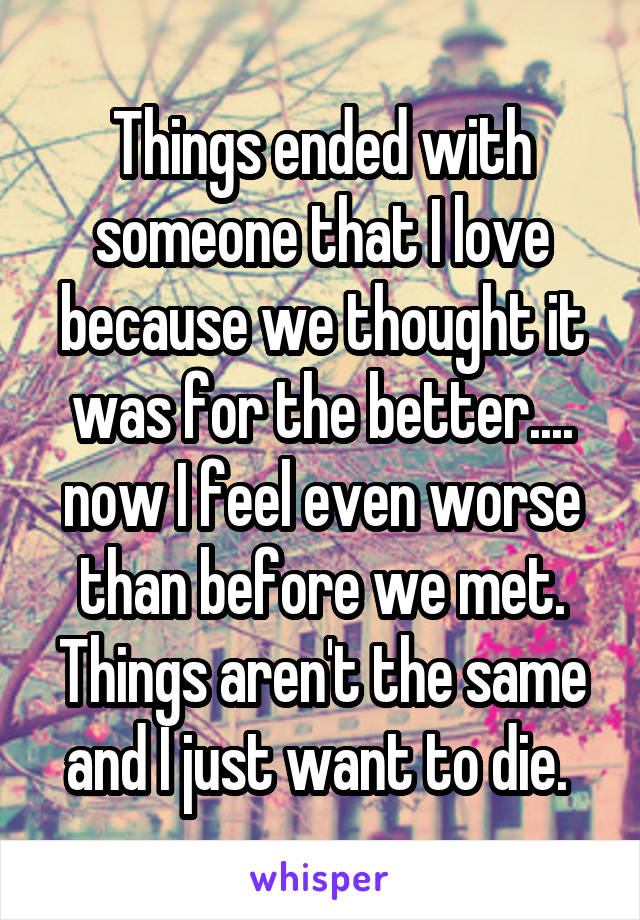 Things ended with someone that I love because we thought it was for the better.... now I feel even worse than before we met. Things aren't the same and I just want to die. 