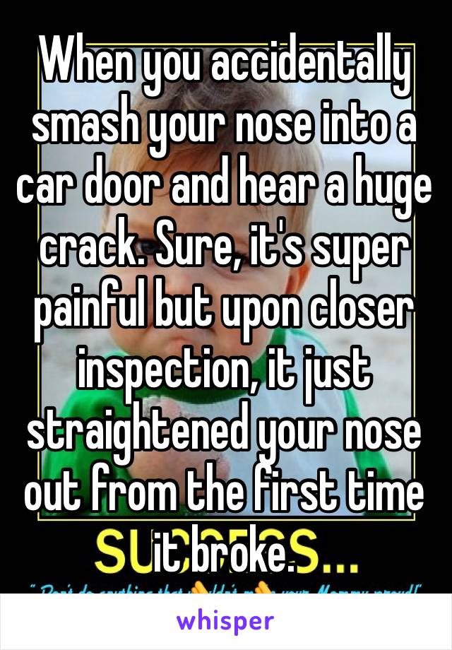 When you accidentally smash your nose into a car door and hear a huge crack. Sure, it's super painful but upon closer inspection, it just straightened your nose out from the first time it broke. 
👌👌