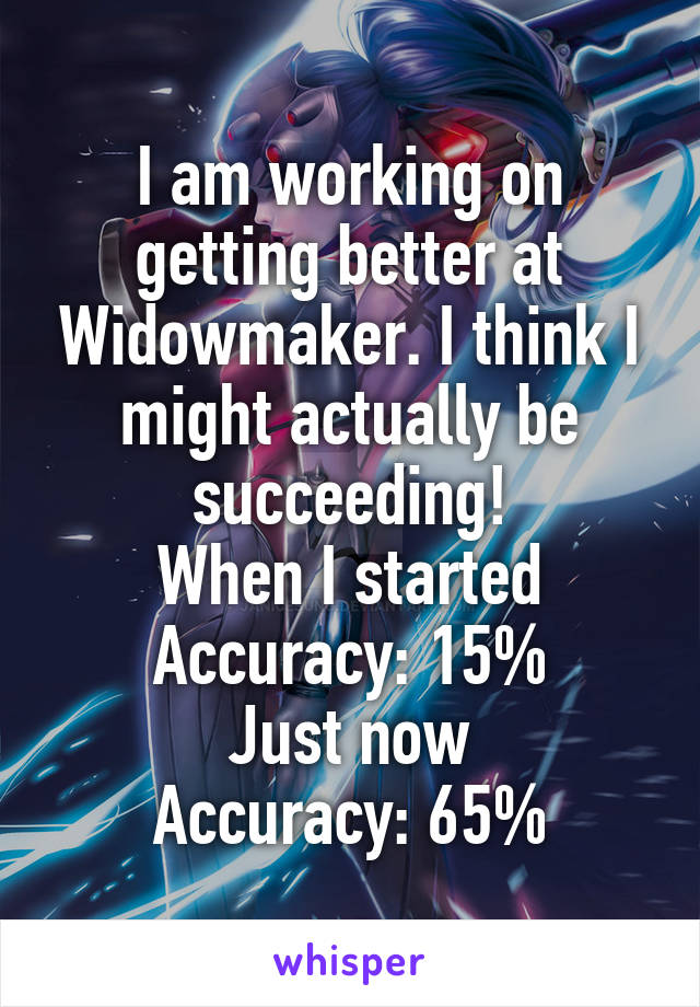 I am working on getting better at Widowmaker. I think I might actually be succeeding!
When I started
Accuracy: 15%
Just now
Accuracy: 65%