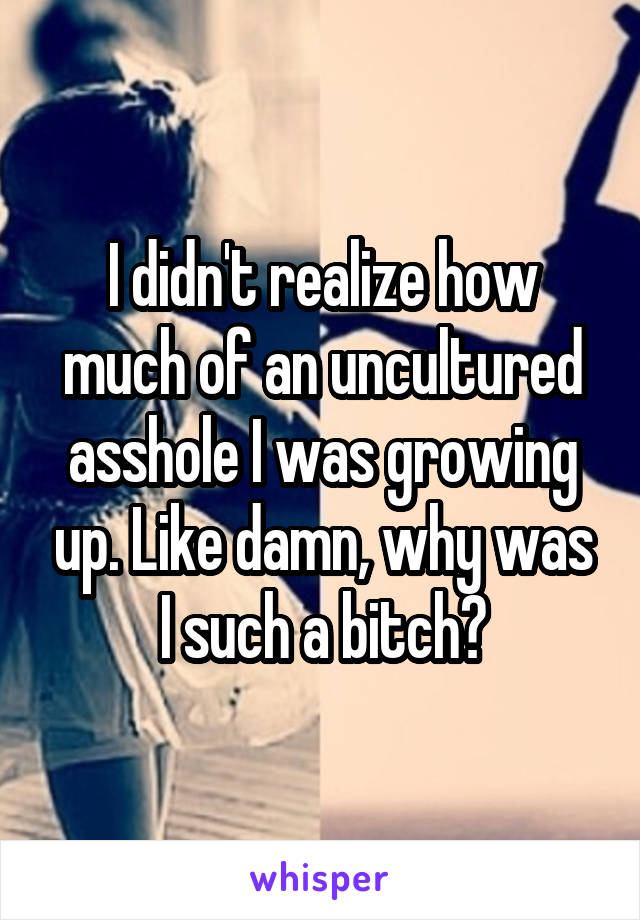 I didn't realize how much of an uncultured asshole I was growing up. Like damn, why was I such a bitch?