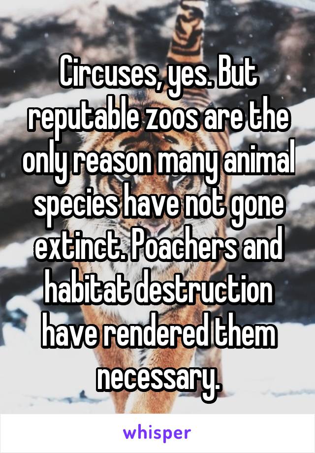 Circuses, yes. But reputable zoos are the only reason many animal species have not gone extinct. Poachers and habitat destruction have rendered them necessary.