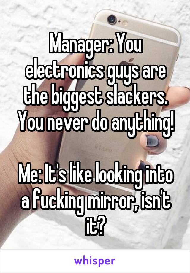 Manager: You electronics guys are the biggest slackers. You never do anything!

Me: It's like looking into a fucking mirror, isn't it?
