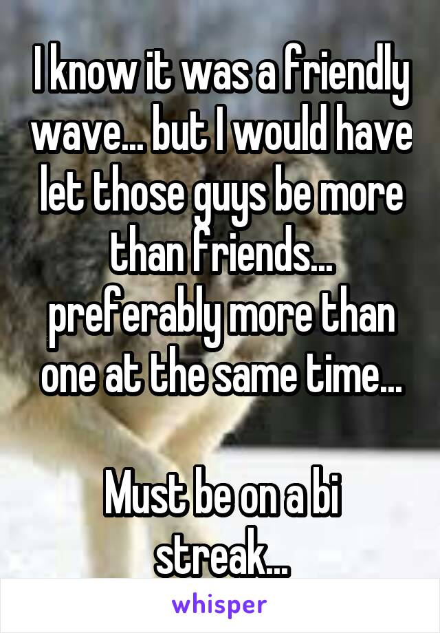 I know it was a friendly wave... but I would have let those guys be more than friends... preferably more than one at the same time...

Must be on a bi streak...