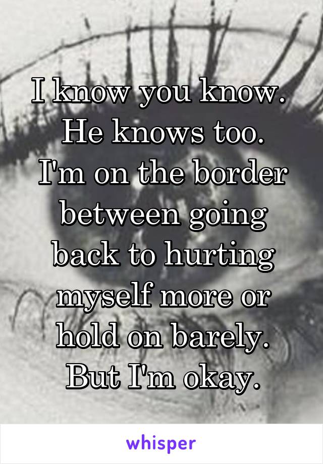 I know you know. 
He knows too.
I'm on the border between going back to hurting myself more or hold on barely.
But I'm okay.