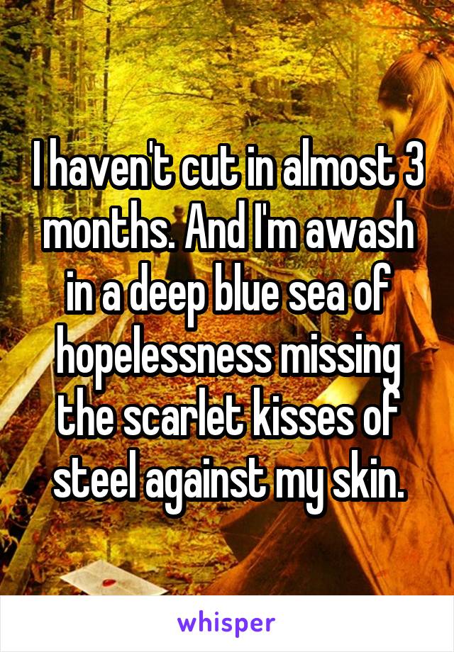 I haven't cut in almost 3 months. And I'm awash in a deep blue sea of hopelessness missing the scarlet kisses of steel against my skin.