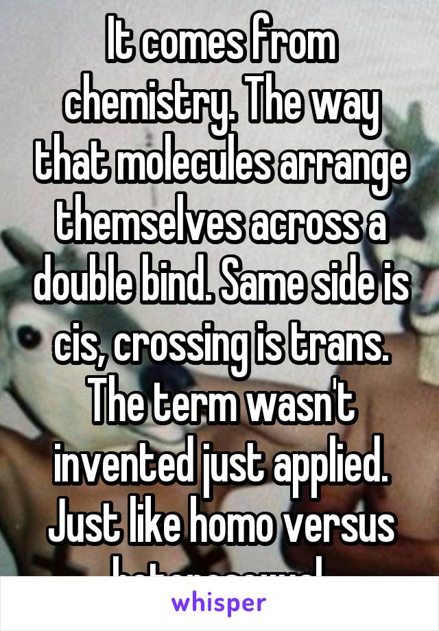 It comes from chemistry. The way that molecules arrange themselves across a double bind. Same side is cis, crossing is trans. The term wasn't invented just applied. Just like homo versus heterosexual 