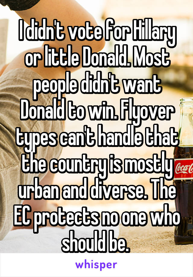 I didn't vote for Hillary or little Donald. Most people didn't want Donald to win. Flyover types can't handle that the country is mostly urban and diverse. The EC protects no one who should be. 