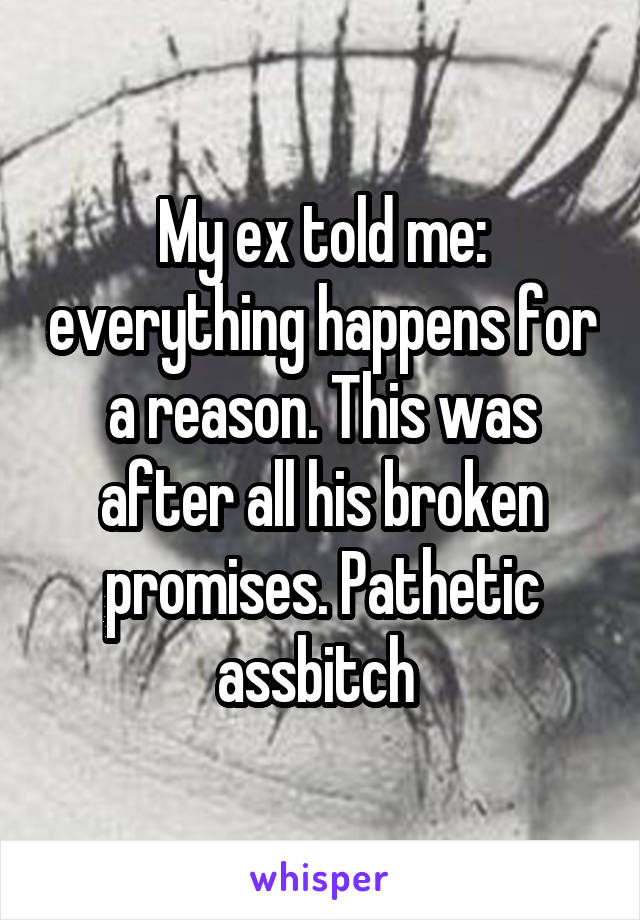 My ex told me: everything happens for a reason. This was after all his broken promises. Pathetic assbitch 