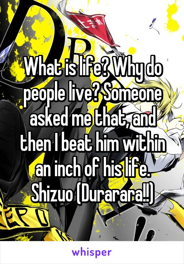 
What is life? Why do people live? Someone asked me that, and then I beat him within an inch of his life.
Shizuo (Durarara!!)