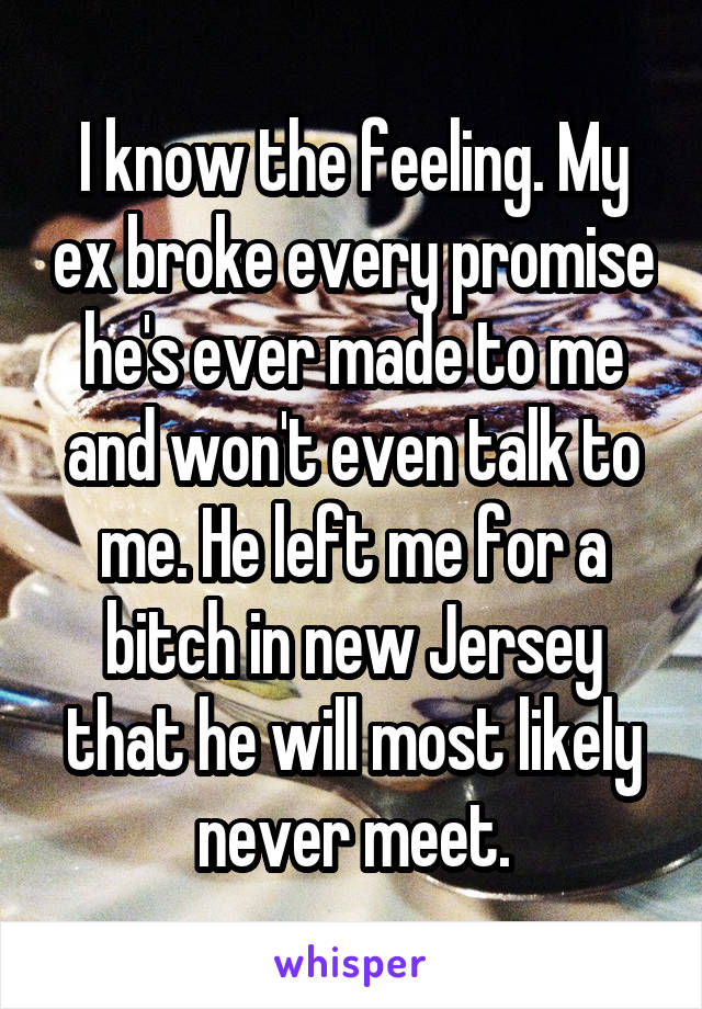 I know the feeling. My ex broke every promise he's ever made to me and won't even talk to me. He left me for a bitch in new Jersey that he will most likely never meet.