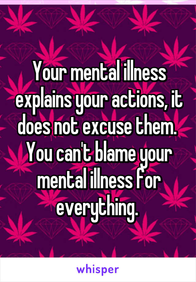 Your mental illness explains your actions, it does not excuse them. 
You can't blame your mental illness for everything. 