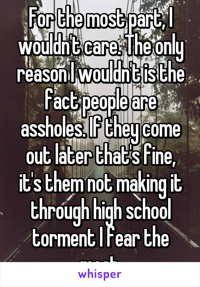 For the most part, I wouldn't care. The only reason I wouldn't is the fact people are assholes. If they come out later that's fine, it's them not making it through high school torment I fear the most.