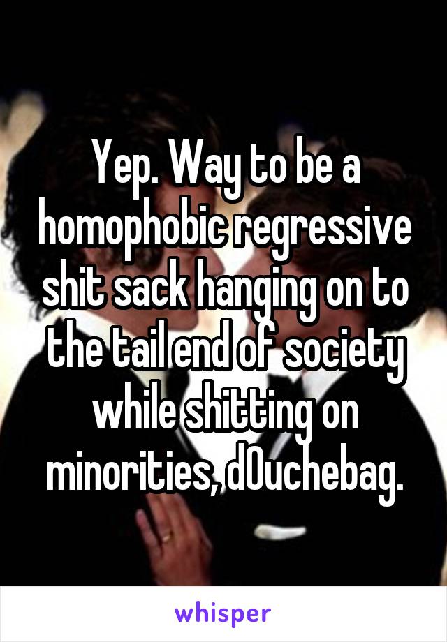 Yep. Way to be a homophobic regressive shit sack hanging on to the tail end of society while shitting on minorities, d0uchebag.