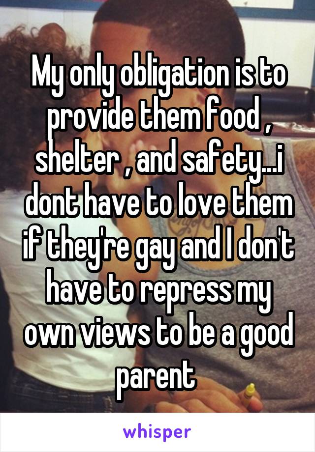 My only obligation is to provide them food , shelter , and safety...i dont have to love them if they're gay and I don't have to repress my own views to be a good parent 