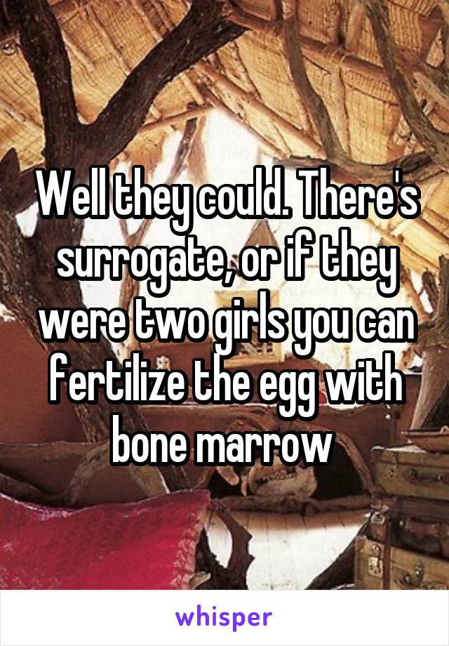 Well they could. There's surrogate, or if they were two girls you can fertilize the egg with bone marrow 