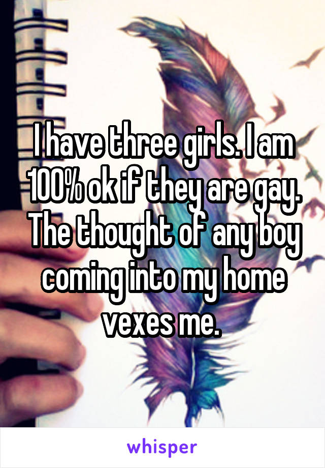 I have three girls. I am 100% ok if they are gay. The thought of any boy coming into my home vexes me. 