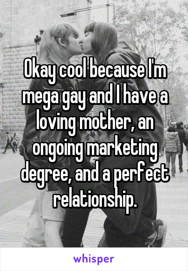 Okay cool because I'm mega gay and I have a loving mother, an ongoing marketing degree, and a perfect relationship.