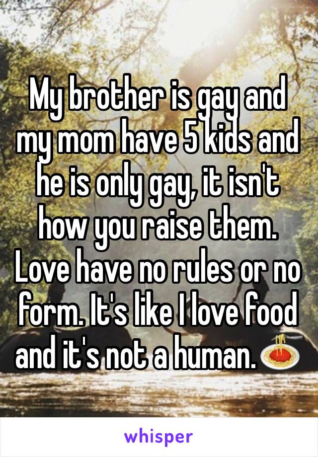 My brother is gay and my mom have 5 kids and he is only gay, it isn't how you raise them. Love have no rules or no form. It's like I love food and it's not a human.🍝