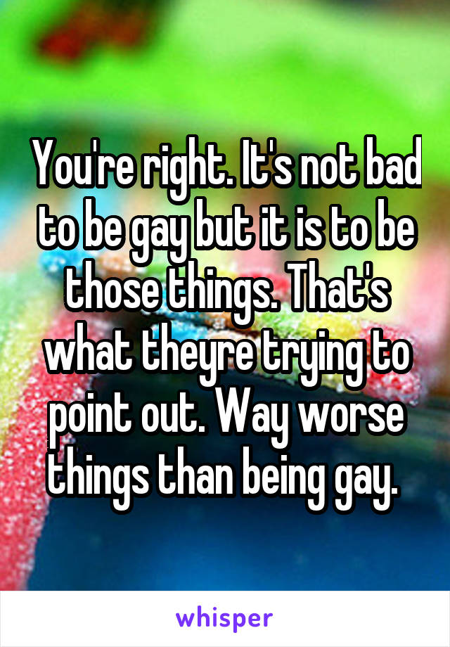 You're right. It's not bad to be gay but it is to be those things. That's what theyre trying to point out. Way worse things than being gay. 