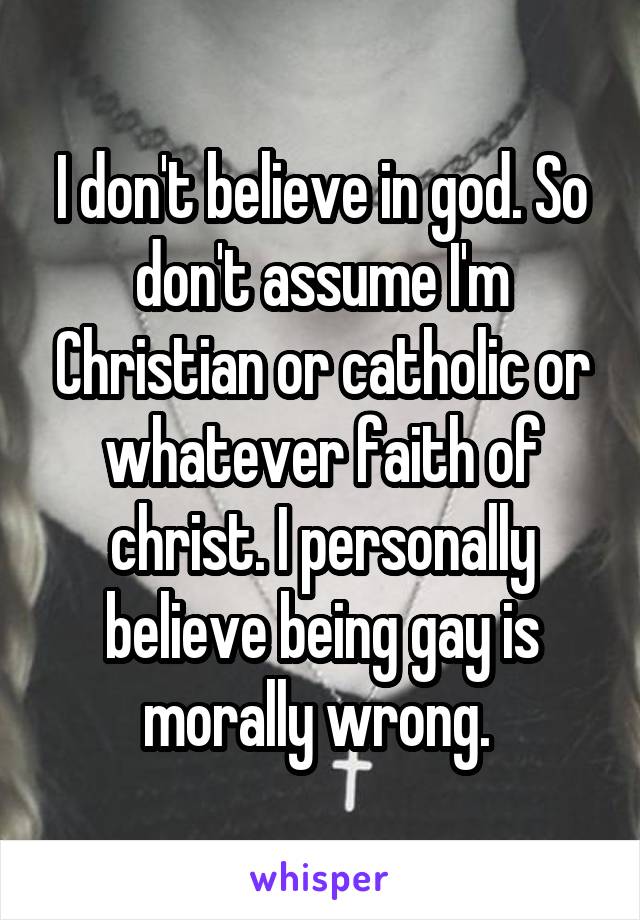 I don't believe in god. So don't assume I'm Christian or catholic or whatever faith of christ. I personally believe being gay is morally wrong. 