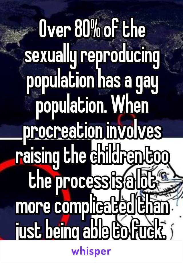 Over 80% of the sexually reproducing population has a gay population. When procreation involves raising the children too the process is a lot more complicated than just being able to fuck. 