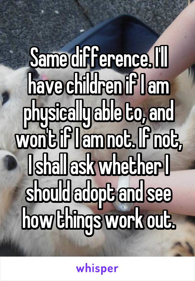 Same difference. I'll have children if I am physically able to, and won't if I am not. If not, I shall ask whether I should adopt and see how things work out.