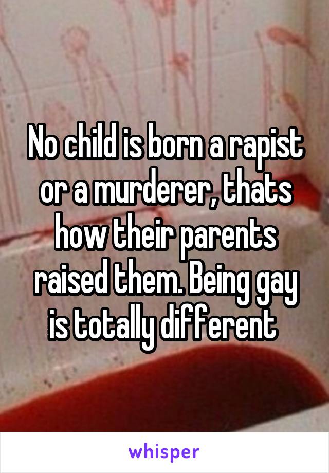 No child is born a rapist or a murderer, thats how their parents raised them. Being gay is totally different 