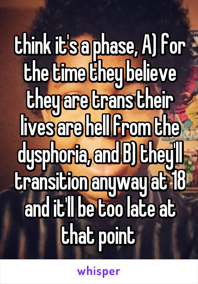 think it's a phase, A) for the time they believe they are trans their lives are hell from the dysphoria, and B) they'll transition anyway at 18 and it'll be too late at that point 