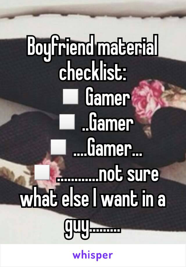 Boyfriend material checklist:
◽Gamer
◽..Gamer
◽....Gamer...
◽............not sure what else I want in a guy.........