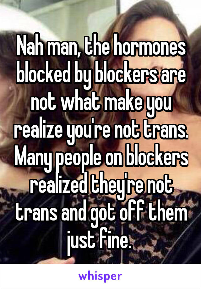 Nah man, the hormones blocked by blockers are not what make you realize you're not trans. Many people on blockers realized they're not trans and got off them just fine. 