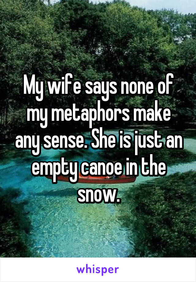 My wife says none of my metaphors make any sense. She is just an empty canoe in the snow.