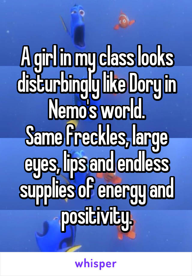 A girl in my class looks disturbingly like Dory in Nemo's world.
Same freckles, large eyes, lips and endless supplies of energy and positivity.