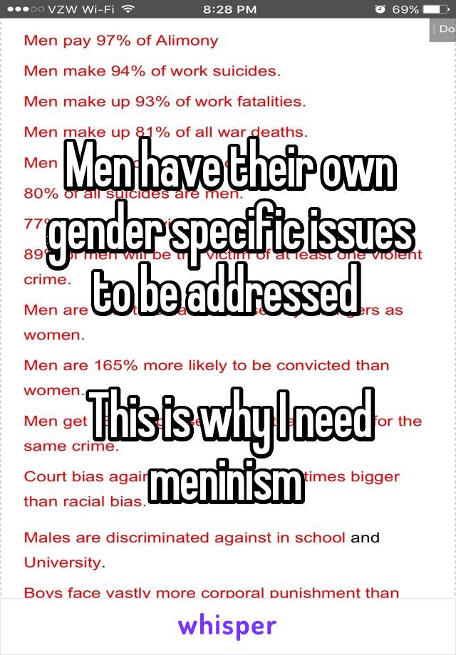 Men have their own gender specific issues to be addressed 

This is why I need meninism 