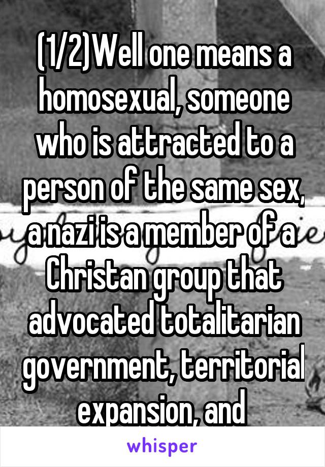 (1/2)Well one means a homosexual, someone who is attracted to a person of the same sex, a nazi is a member of a  Christan group that advocated totalitarian government, territorial expansion, and 