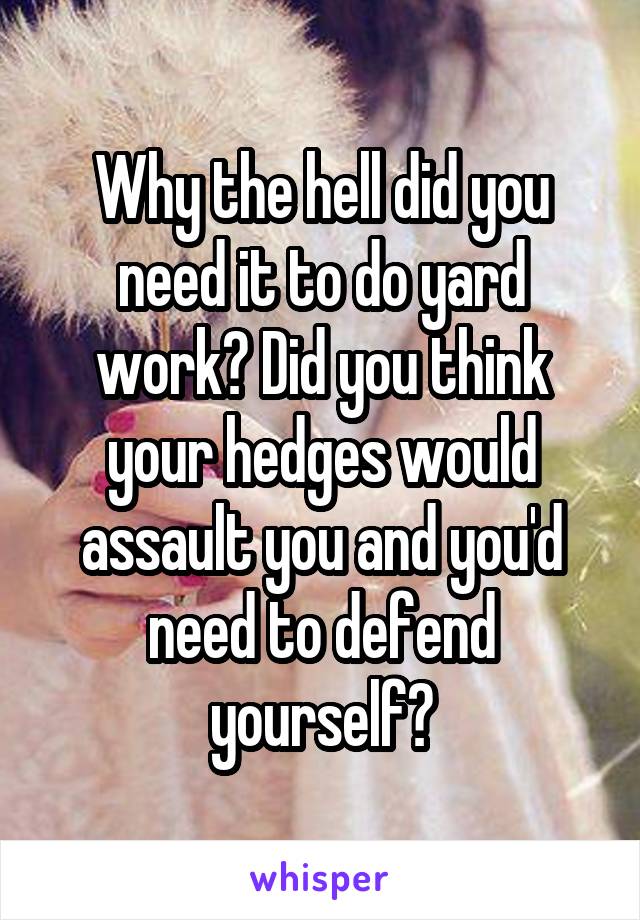 Why the hell did you need it to do yard work? Did you think your hedges would assault you and you'd need to defend yourself?