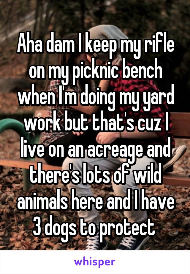 Aha dam I keep my rifle on my picknic bench when I'm doing my yard work but that's cuz I live on an acreage and there's lots of wild animals here and I have 3 dogs to protect 