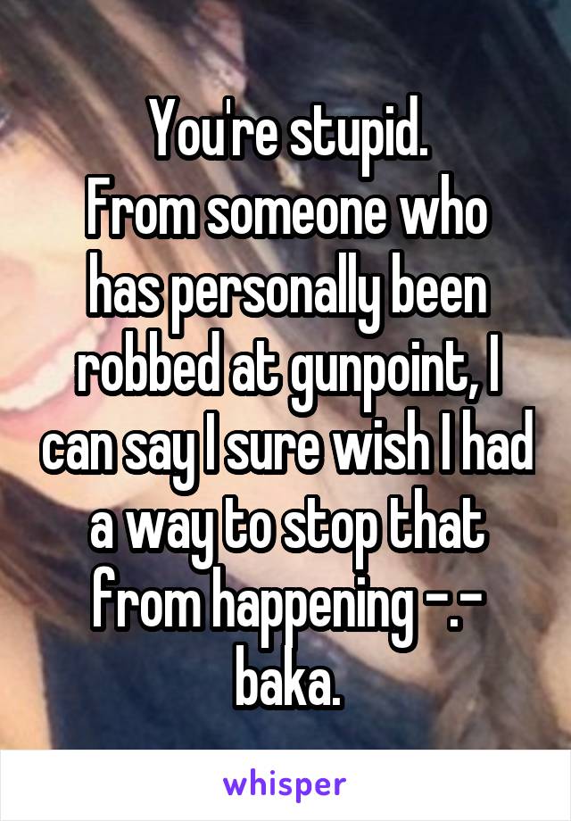 You're stupid.
From someone who has personally been robbed at gunpoint, I can say I sure wish I had a way to stop that from happening -.- baka.