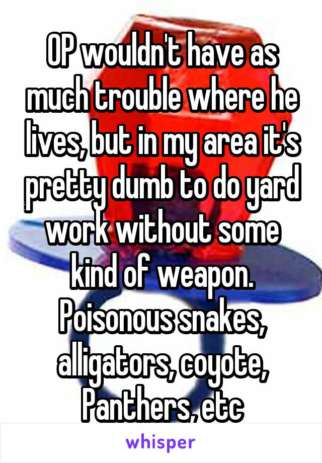 OP wouldn't have as much trouble where he lives, but in my area it's pretty dumb to do yard work without some kind of weapon. Poisonous snakes, alligators, coyote, Panthers, etc