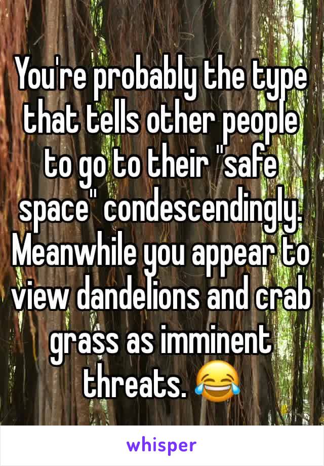 You're probably the type that tells other people to go to their "safe space" condescendingly. Meanwhile you appear to view dandelions and crab grass as imminent threats. 😂