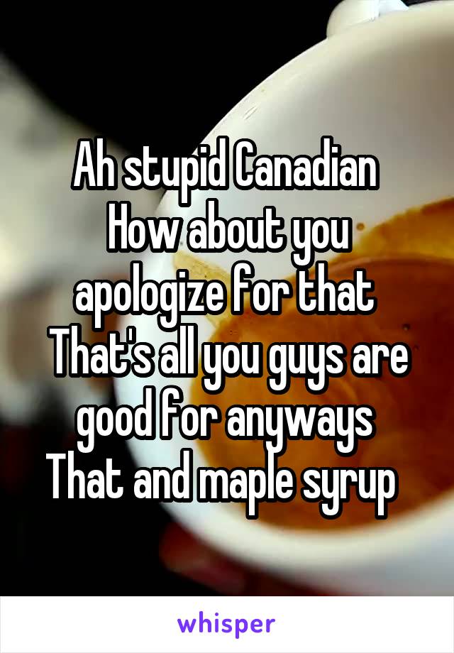 Ah stupid Canadian 
How about you apologize for that 
That's all you guys are good for anyways 
That and maple syrup  