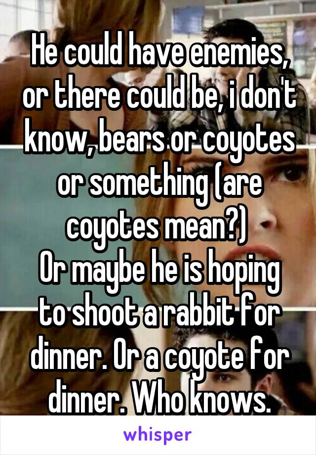 He could have enemies, or there could be, i don't know, bears or coyotes or something (are coyotes mean?) 
Or maybe he is hoping to shoot a rabbit for dinner. Or a coyote for dinner. Who knows.