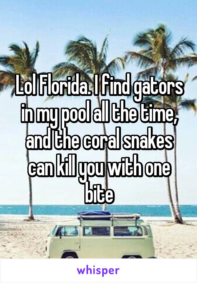 Lol Florida. I find gators in my pool all the time, and the coral snakes can kill you with one bite