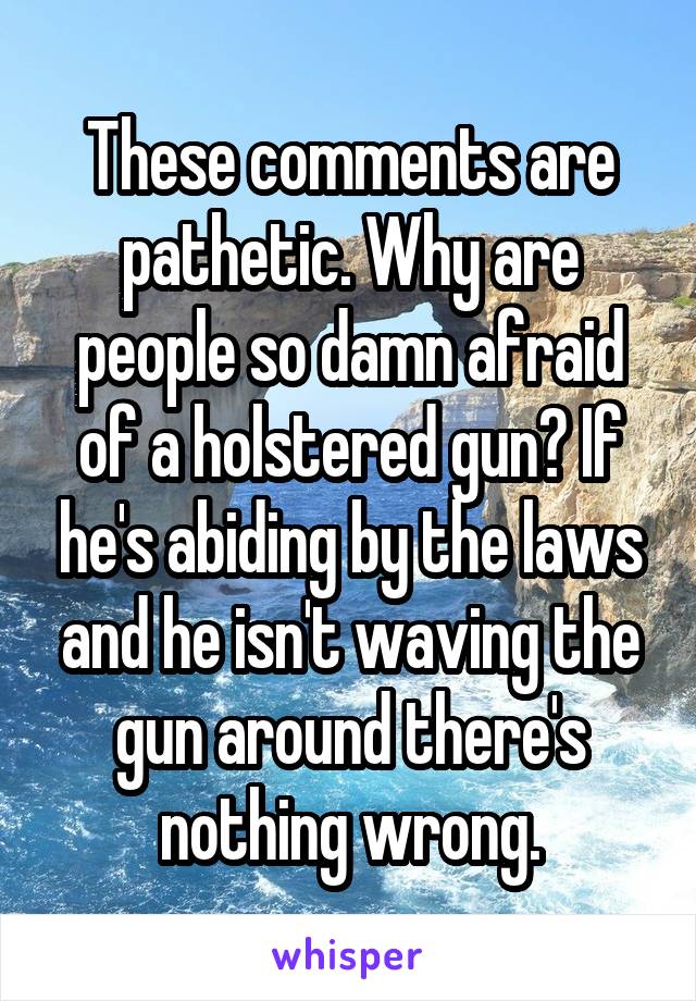 These comments are pathetic. Why are people so damn afraid of a holstered gun? If he's abiding by the laws and he isn't waving the gun around there's nothing wrong.