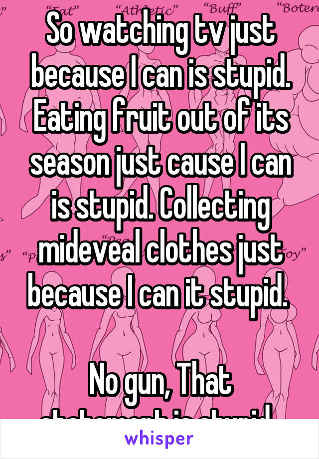 So watching tv just because I can is stupid. Eating fruit out of its season just cause I can is stupid. Collecting mideveal clothes just because I can it stupid. 

No gun, That statement is stupid. 